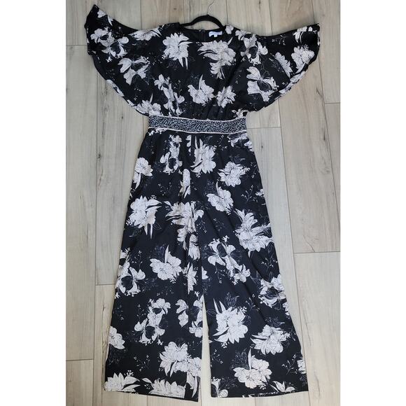 Piper & Scoot Floral Wide Leg Crew Neck Jumpsuit Flare Sleeves Women Sz L - Picture 6 of 10